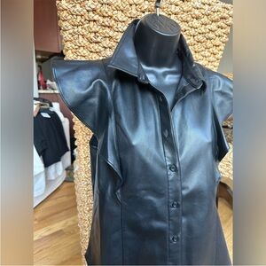 Gap Women Black Faux Leather Ruffle Cap Sleeve Button Down Shirt Top Small‎ NEW